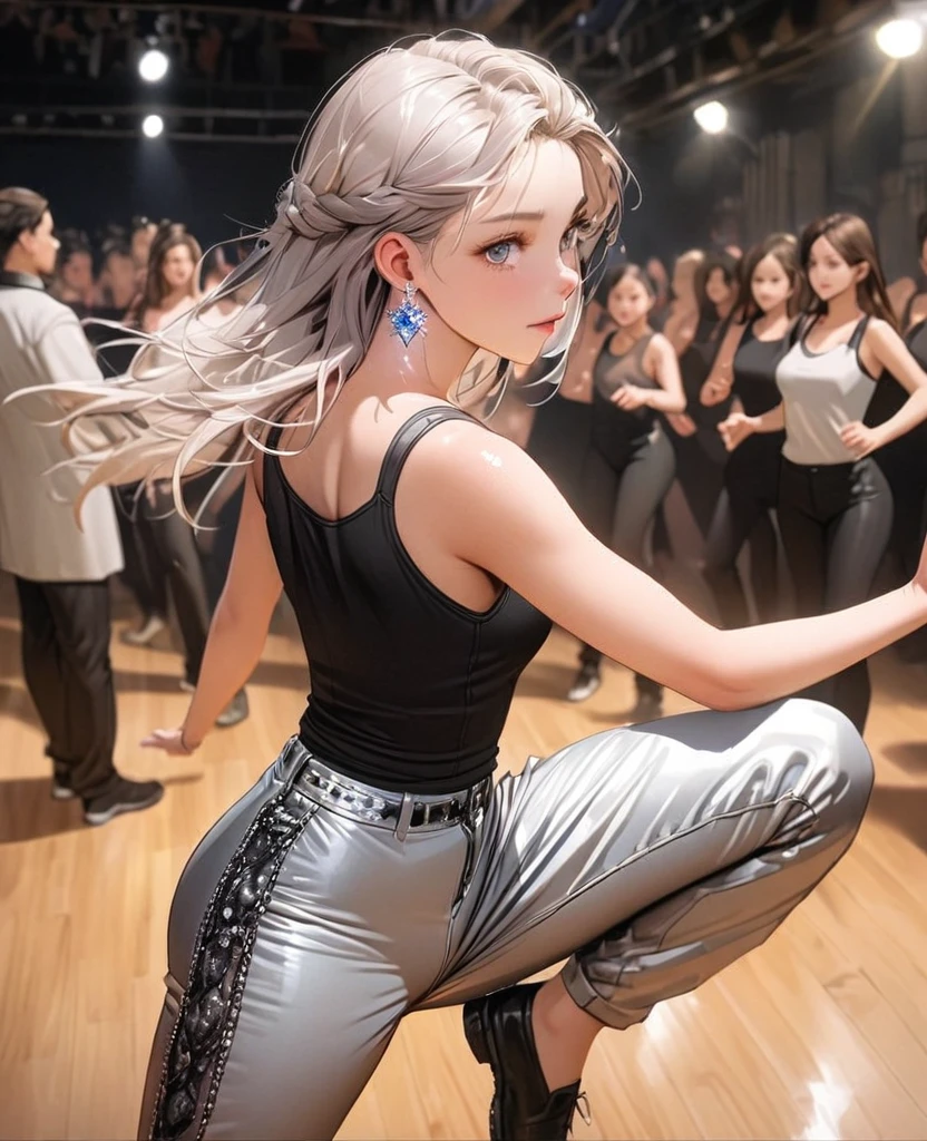 8K,gal,an extremely delicate and beautiful,Beautiful and realistic skin,Shiny jewel-like earrings,Long silver hair,beautiful eyes,full body,head to toe,beautiful regs,skiny pants,tank top,dance