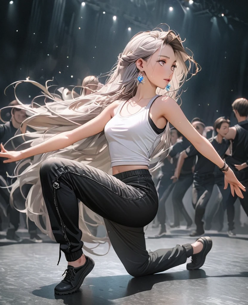 8K,gal,an extremely delicate and beautiful,Beautiful and realistic skin,Shiny jewel-like earrings,Long silver hair,beautiful eyes,full body,head to toe,beautiful regs,skiny pants,tank top,dance