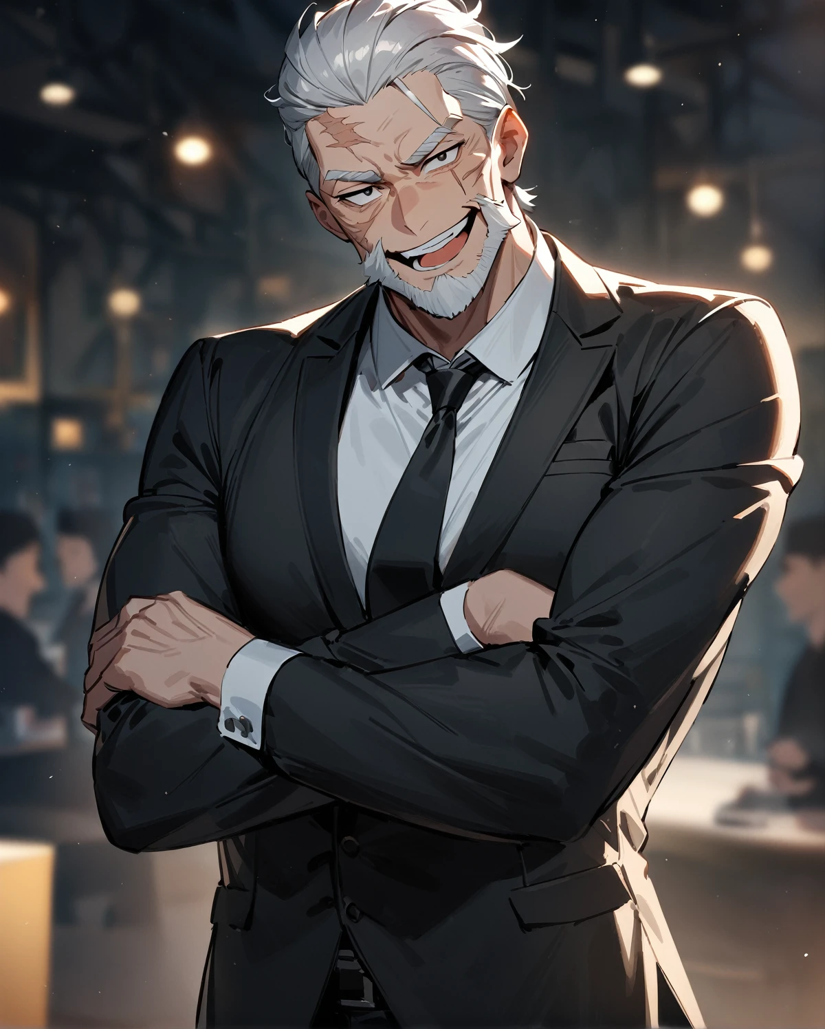 masterpiece, best quality, very aesthetic, absurdres, 1boys, old man, solo, silver hair, short hair, slicked back hair, black eyes, beared, white beared, black jacket, white collared shirt, black necktie, black hat, smile, open mouth, upper teeth, brawny, cross arms, scar, face scar, looking at viewer, cowboy shot