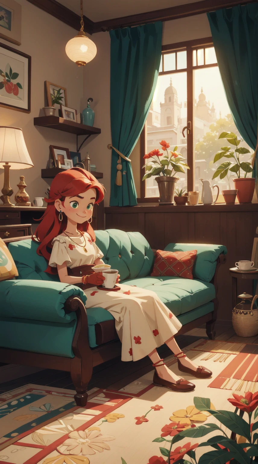 Concept Art,character illustration of a,European and American cartoons,(whole body:1.5),Mid-Long View,carpet,(Looking at the camera),shoe,一个20岁的金发女生happy的sit在living room,Holding a cup of coffee,happy,A laid-back expression,Relax,Leisure,European and American cartoons,1 Girl,freckle,Solitary,Jewelry,Green Eyes,Weaving,earrings,twin Weavings,necklace,Looking at the audience,Red hair,plant,Puff sleeves,bracelet,Smile,Long hair,puffy short sleeve,Necklace,dress,flower,Coffee cup,Gloves,earrings,Jewelry,肘部Gloves,cup,sit,sofa,window,sofa,living room,solo,Looking at the camera,Look at the audience,