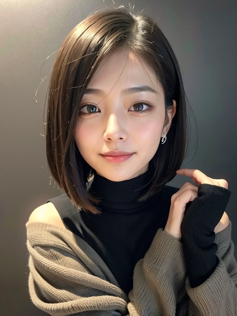 (((Close-up of face)))、(((Absolutely shoulder-length brown straight short bob)))、(((She is posing like a hair salon model, with a black wall indoors as the background.)))、(((Casual black winter long sleeves with shoulders covered)))、Half Japanese, half Korean、18 year old girl、Standing Alone、Looking forward、Light eye makeup、Brown Hair Color、Flat and 、Hair blowing in the wind、Actress Quality、Glossy, ultra-realistic face、Smiling face、Watery eyes、Gazing Up、Subtle lighting effects、 Ultra-Realistic Capture、Very detailed、High resolution 16K close up of human skin。Skin texture must be natural、The details must be such that pores can be clearly seen、The skin is healthy、Uniform tone、Use natural light and colors、A worn-out, high-quality photo taken by a model agency&#39;s in-house photographer.、smile、(((SIGMA 300 mm F/1.4,1/1000 sec shutter,ISO 400))) 