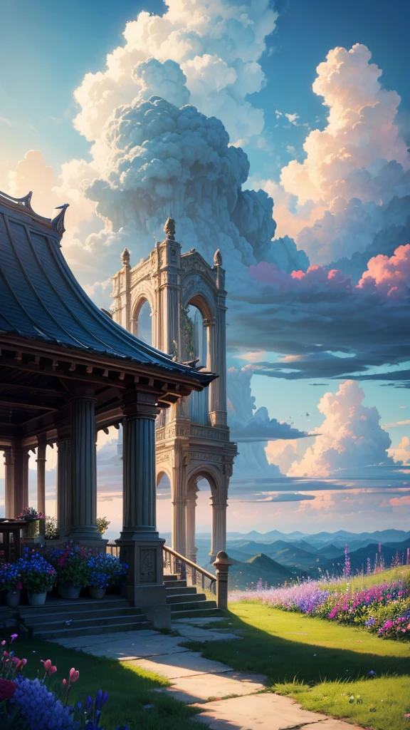 "oil, ((Mysterious Girl)), The sound of a harp echoing through the air, A pavilion surrounded by wildflowers, ((Dramatic cloud formation)), A rich palette, Fantasy World, Magical Aura"