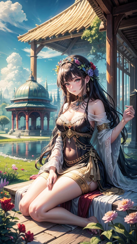 "oil, ((Mysterious Girl)), The sound of a harp echoing through the air, A pavilion surrounded by wildflowers, ((Dramatic cloud formation)), A rich palette, Fantasy World, Magical Aura"