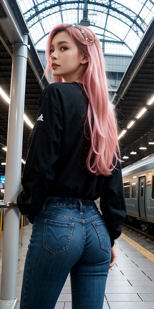 (masterpiece), (best quality), (Highres), Detailed, (Inricate Details 1.2), (Hyper Detailed 1.4), (Ornate Digital Art 1.2), absurdres, 1girl, small breasts, ass, hair ornaments, solo, pink hair, (black shirt:1.3), jeans, (train station:1.2) running, thighs, shortstack,