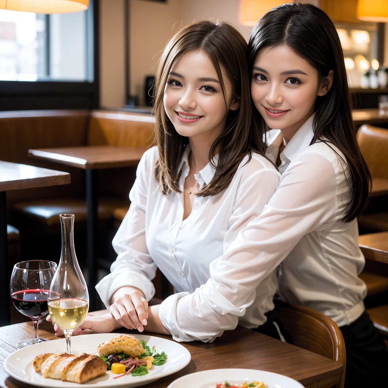 ((Highest quality、8K、masterpiece:1.3))、cute、slimカップル、modelカップル、actress男優、(Realistic, Intricate details:1.2), full-course dinner、Wine Party、Amazing view of the sunset sky and clouds、A bright smile、short hair,Bright Face、 (Age 37), Age 42, red wine 、Appetizers、Italian food、Wine bottle、Champagne、sparkling wine、Two beauties、Brown Hair、Shortcuts、Long sleeve shirt、dress、Beautiful woman 1, (slimな顔), (The body is slim), (Brown Hair), (Shortcuts), cheeks turn a little red,Attractive beauty、restaurant, In a prominent place (From the waist up) Nova Frog Style, actress, model, Upper Body, White wine, slim, wine glass, 中央に置かれたwine glass, smile, (smile: 1.15), Beautiful fine grain, Depth f/2,saturation, High Contrast, Strong light and shadow,Moist Body:1.5、3D texture、Delicate eyes、Brown Hair、The hair is very shiny、