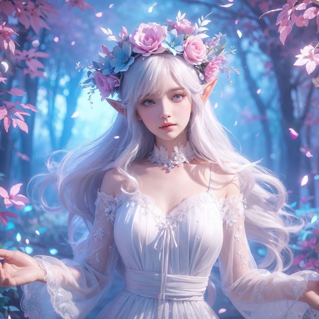 beautiful woman, white hair, white eyes, wearing pink and light blue flower crown, wearing white dress, elf ear, "surrounded by light blue, pink, and purple light, magic forest background
