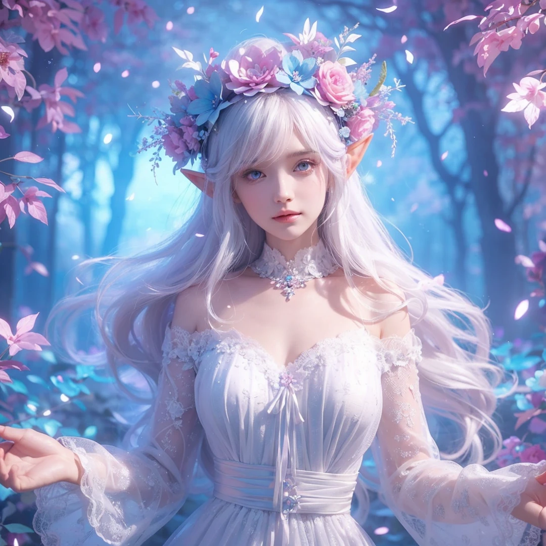 beautiful woman, white hair, white eyes, wearing pink and light blue flower crown, wearing white dress, elf ear, "surrounded by light blue, pink, and purple light, magic forest background