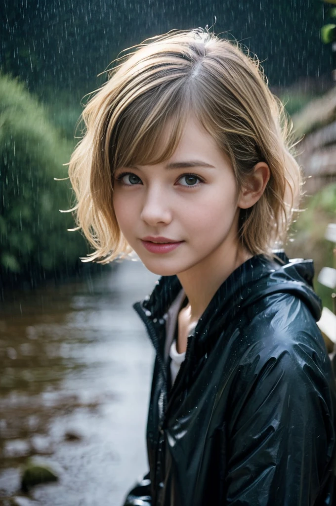 24year old beautiful girl、Half-Japanese beauty、Highest image quality、realistic、16K、beautiful woman、Very Short Hair、Pixie Cut、blondes、blondes、With bangs、Pretty slim、heavy rain、wet from heavy rain、Mountaineering、White Mountaineering服、Wet in the rain、Heavy Rain、My hair got wet in the heavy rain、In heavy rain、In the mountains、A look asking for a kiss、Shooting from the sky、Full body、Shooting from a distance、雨で濡れて