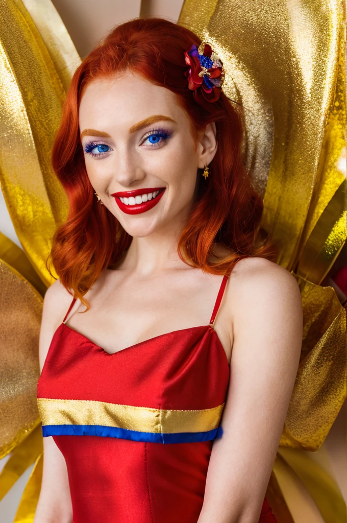 Girl, red dress, gold stripe in the middle of the dress, a shiny gold flower, red hair, blue eyes, and a red lip.smile ,,Cheerful girl,crystalline dress