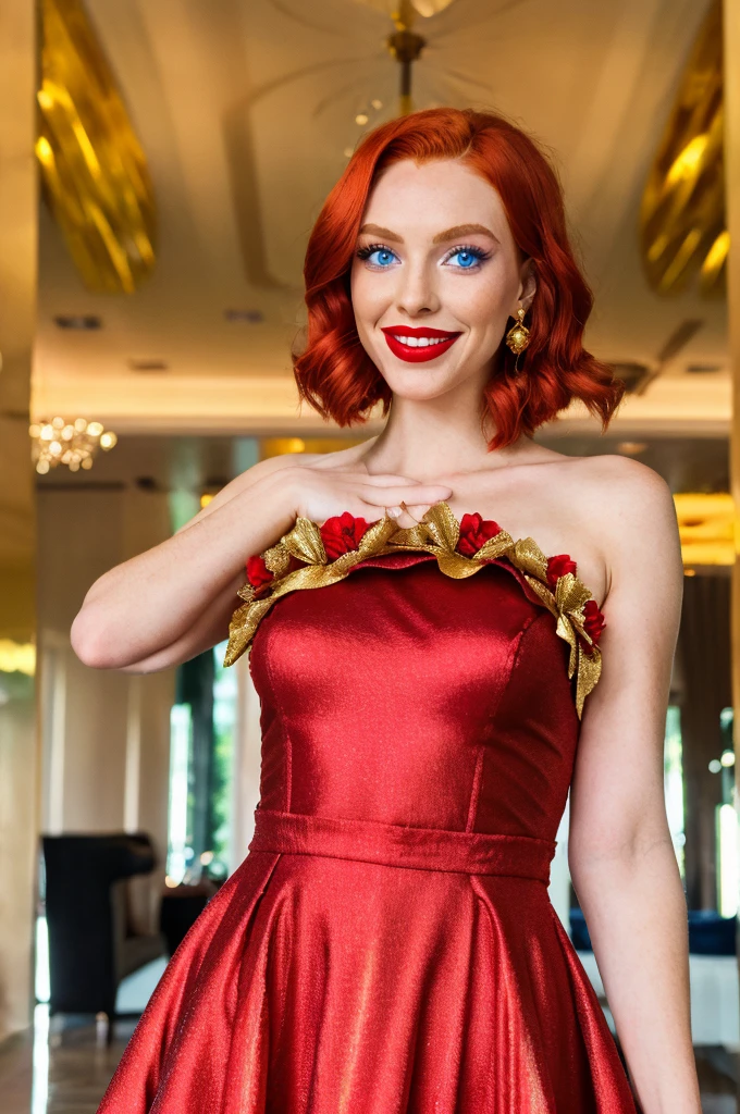 Girl, red dress, gold stripe in the middle of the dress, a shiny gold flower, red hair, blue eyes, and a red lip.smile ,,Cheerful girl,crystalline dress