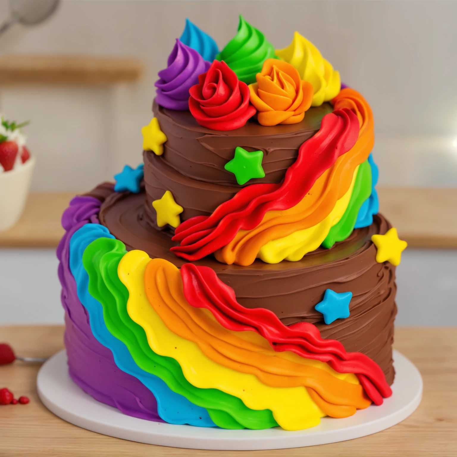 on a wooden table. there is a white plate. double tier chocolate cake ((chocolate cream texture, strokes of a pastry spatula)), rainbow cream in stitches, decorated with rainbow stars made of polymer clay, multi-colored cream on top ((cream highlights)), on the table there is a checkered tablecloth and star cornets made of polymer clay. against the background of the kitchen, vase with plant, Fruit basket, kettle, shelf with kitchen utensils. Beautiful light from the window, contour light, Multiple light sources, beautiful lighting, Bright light source, bright lighting, beautiful light sources, Multiple light sources, Realistic style , realistic texture, detailed texture, A high resolution, high quality, macro photography