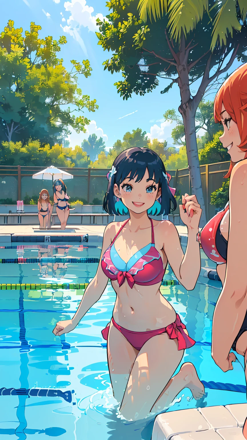 masterpiece, best quality, lineart, anime screencap, sketch, (3girls, multiple girls:1.4), (multiple girls are having a pool party:1.5), (they are all wearing different colored swimsuits, bikinis:1.4), (smiling, smile, swimming, jumping into the water:1.5), light particles, (scenery, pool, swimming pool:1.3),