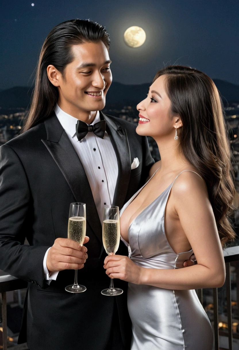 1couple, 1woman wearing silk tight backless gown, 1man in tuxedo, black_silver long hair, busty, hold champagne glass, close faces, starring each other, happy face, romantic nuance, super detailed, standing on balcony, highest quality, high resolution, creative photo art, dramatic light, dimmed light, dark moon background