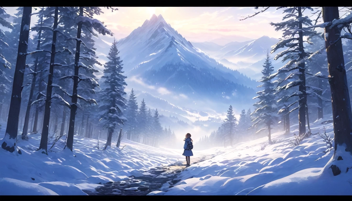 1girl, snow-covered spring mountain, anime style, serene landscape, lush forest, detailed snow texture, sunlight filtering through trees, mist and fog, vibrant colors, (best quality,4k,8k,highres,masterpiece:1.2),ultra-detailed,(realistic,photorealistic,photo-realistic:1.37),intricate details, dynamic composition, warm lighting, soft focus, dreamlike atmosphere, long shot