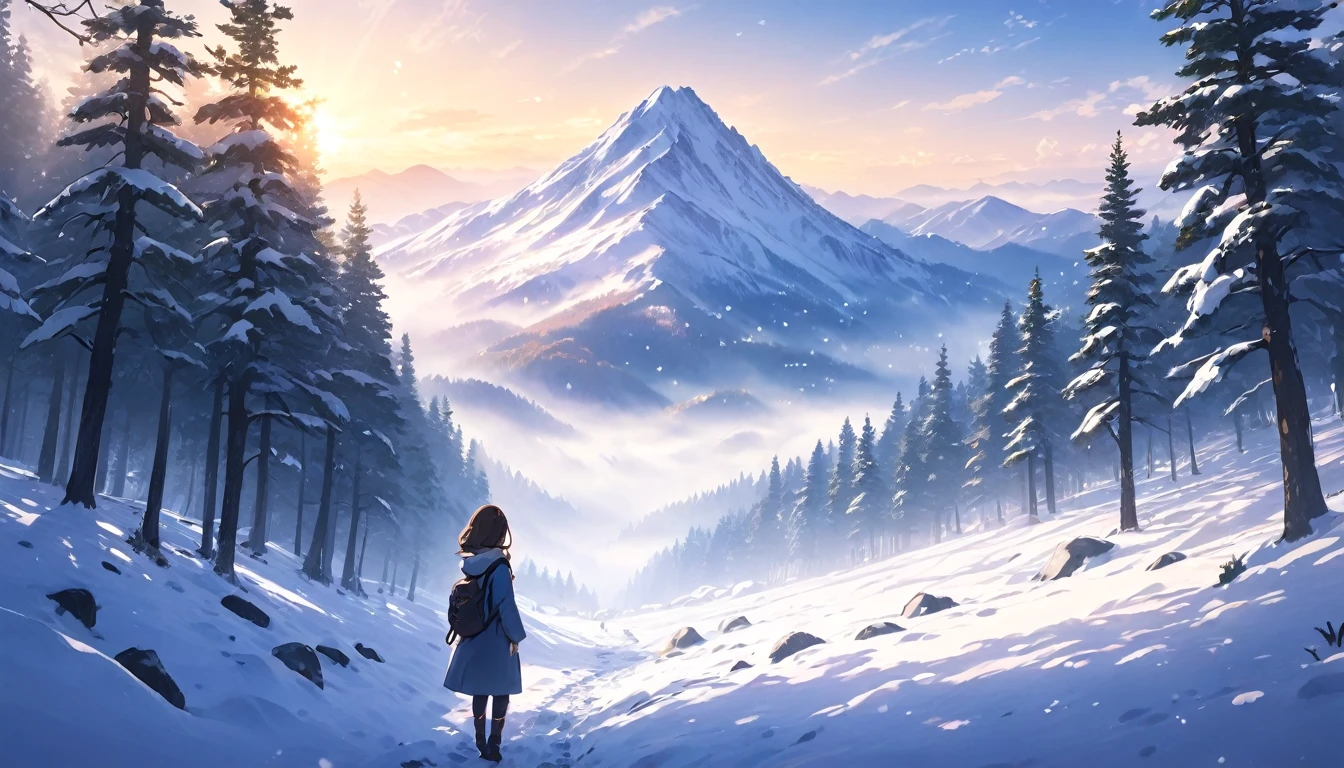 1girl, snow-covered spring mountain, anime style, serene landscape, lush forest, detailed snow texture, sunlight filtering through trees, mist and fog, vibrant colors, (best quality,4k,8k,highres,masterpiece:1.2),ultra-detailed,(realistic,photorealistic,photo-realistic:1.37),intricate details, dynamic composition, warm lighting, soft focus, dreamlike atmosphere, long shot