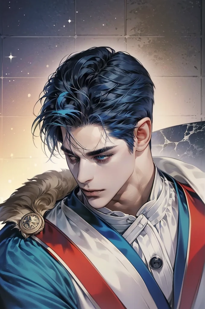 (Highest quality,4K,8K,High resolution,masterpiece:1.2),Super detailed,(Realistic,photoRealistic,photo-Realistic:1.37),30-year-old male,Handsome Anime,Portraiture,strong,Masculine,Dark blue hair,Sharp jawline,Captivating eyes,Perfectly styled hair,short hair, Cool Anime Costumes,Confident expression,Vibrant colors,Dynamic Lighting