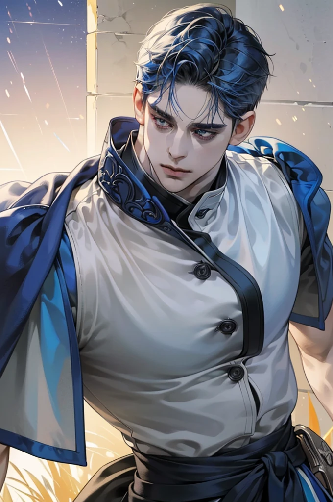 (Highest quality,4K,8K,High resolution,masterpiece:1.2),Super detailed,(Realistic,photoRealistic,photo-Realistic:1.37),30-year-old male,Handsome Anime,Portraiture,strong,Masculine,Dark blue hair,Sharp jawline,Captivating eyes,Perfectly styled hair,short hair, Cool Anime Costumes,Confident expression,Vibrant colors,Dynamic Lighting