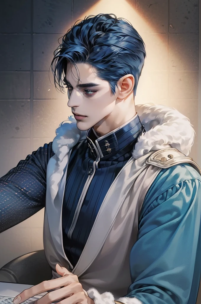 (Highest quality,4K,8K,High resolution,masterpiece:1.2),Super detailed,(Realistic,photoRealistic,photo-Realistic:1.37),30-year-old male,Handsome Anime,Portraiture,strong,Masculine,Dark blue hair,Sharp jawline,Captivating eyes,Perfectly styled hair,short hair, Cool Anime Costumes,Confident expression,Vibrant colors,Dynamic Lighting