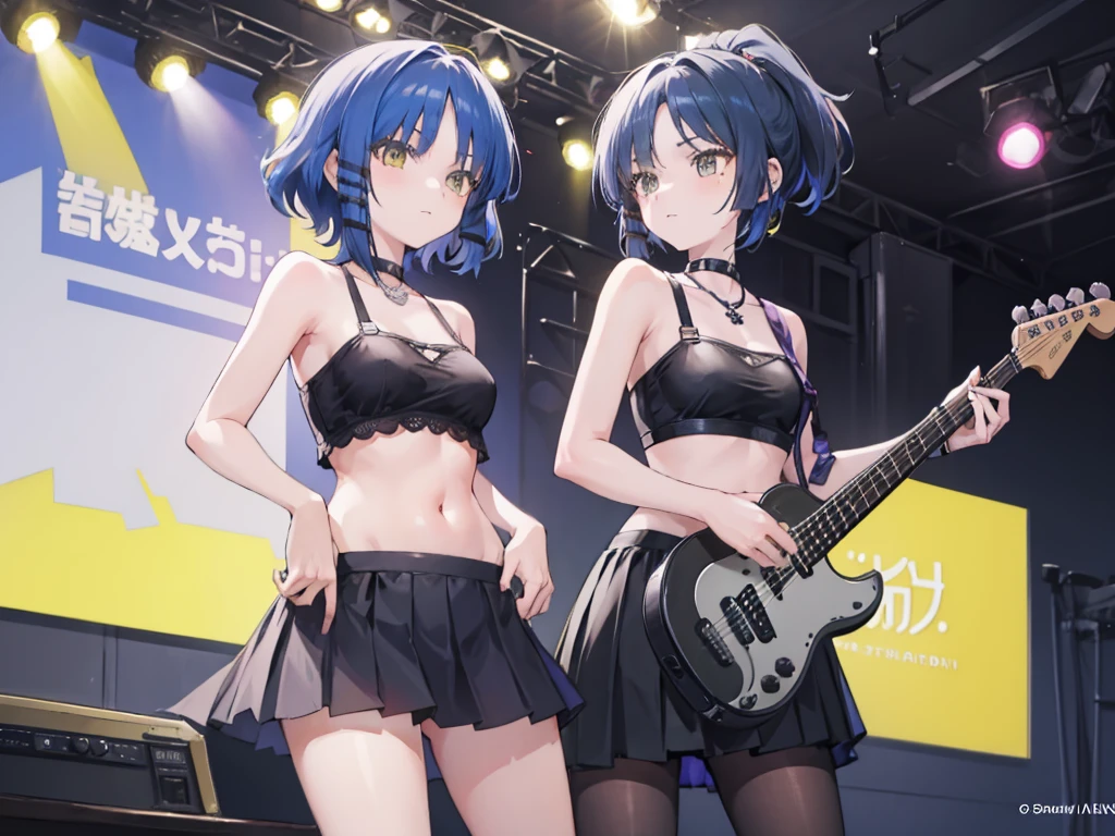 Two Girls,They both play the guitar,Black Mini Skirt,short cut and ponytail,belly button(stomach),Music Stage