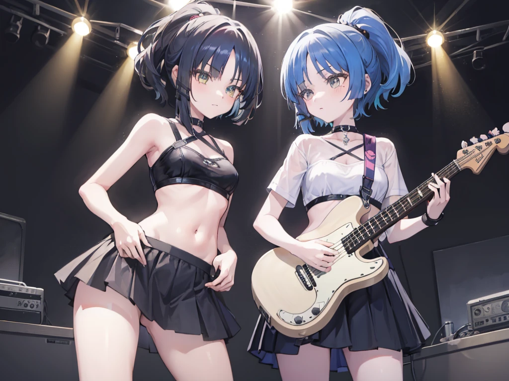 Two Girls,They both play the guitar,Black Mini Skirt,short cut and ponytail,belly button(stomach),Music Stage