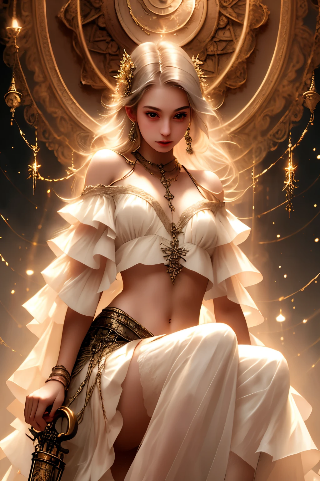((best quality)), ((masterpiece)), (detailed), 1girl, off-shoulder, Character design, female, dynamic poses, long white grey hair, grey white eyes, very skinny, detailed, best quality, no accesoires around the neck, no shoes, prominent collarbones, skinny arms, flat stomach, visible hip bones, full body, blank white background, plain background, white background, red and white clothing, Bloodborne inspired, occult aesthetic, occult, detailed and intricate steampunk and detailed gothic, NSFW, Very dramatic and cinematic lighting, cosmic horror, grim-dark, side-lighting, perfect face, NSFW, Fluttering lace flared long knee length dress with frilly petticoats, knee length dress, pleated petticoats, petticoats gothic, complex lace boots, side-lighting, gothic ta aesthetic, wielding a mighty sword with mechanical components, mandalas, small breasts, a fairy, various different types of insect wings, NSFW, full body, whole body, body, plain background, white background, blank background, no background, white background NSFW, chains, full body, whole body, head-to-toe NSFW