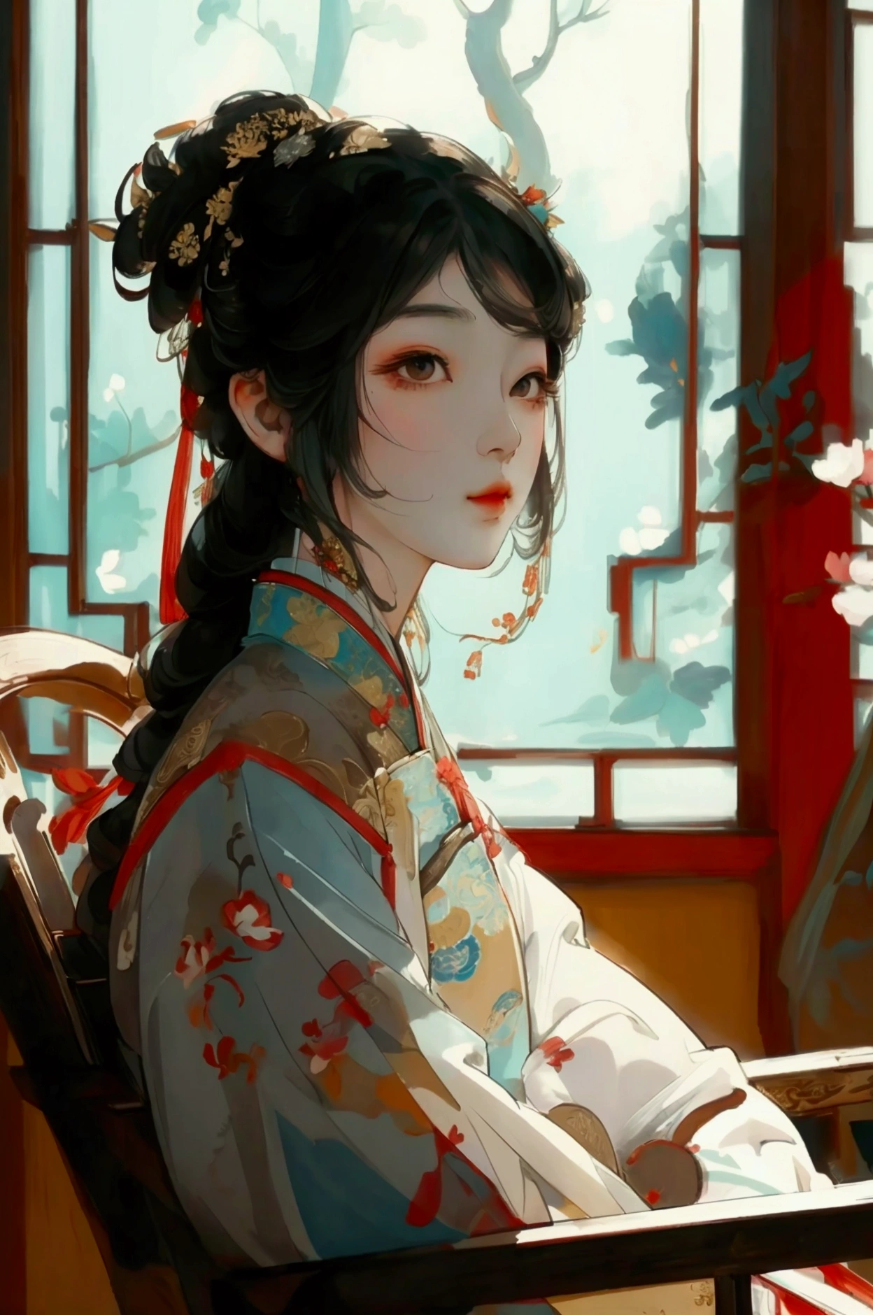 A beautiful Chinese woman,Sit on a traditional wooden chair,Wear