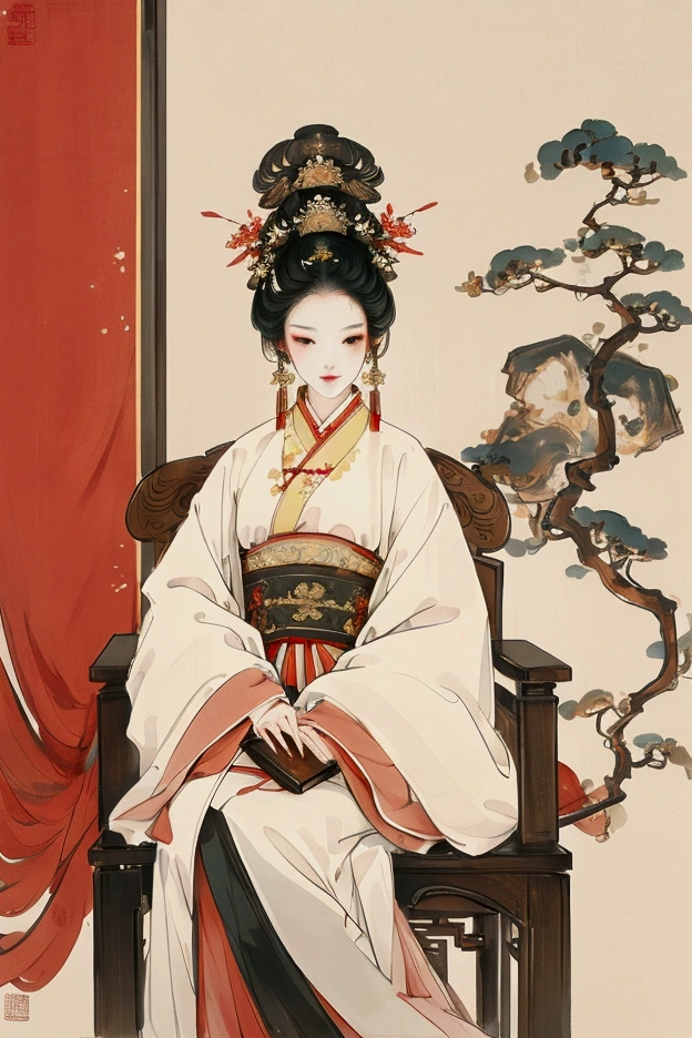 A beautiful Chinese woman,Sit on a traditional wooden chair,Wear