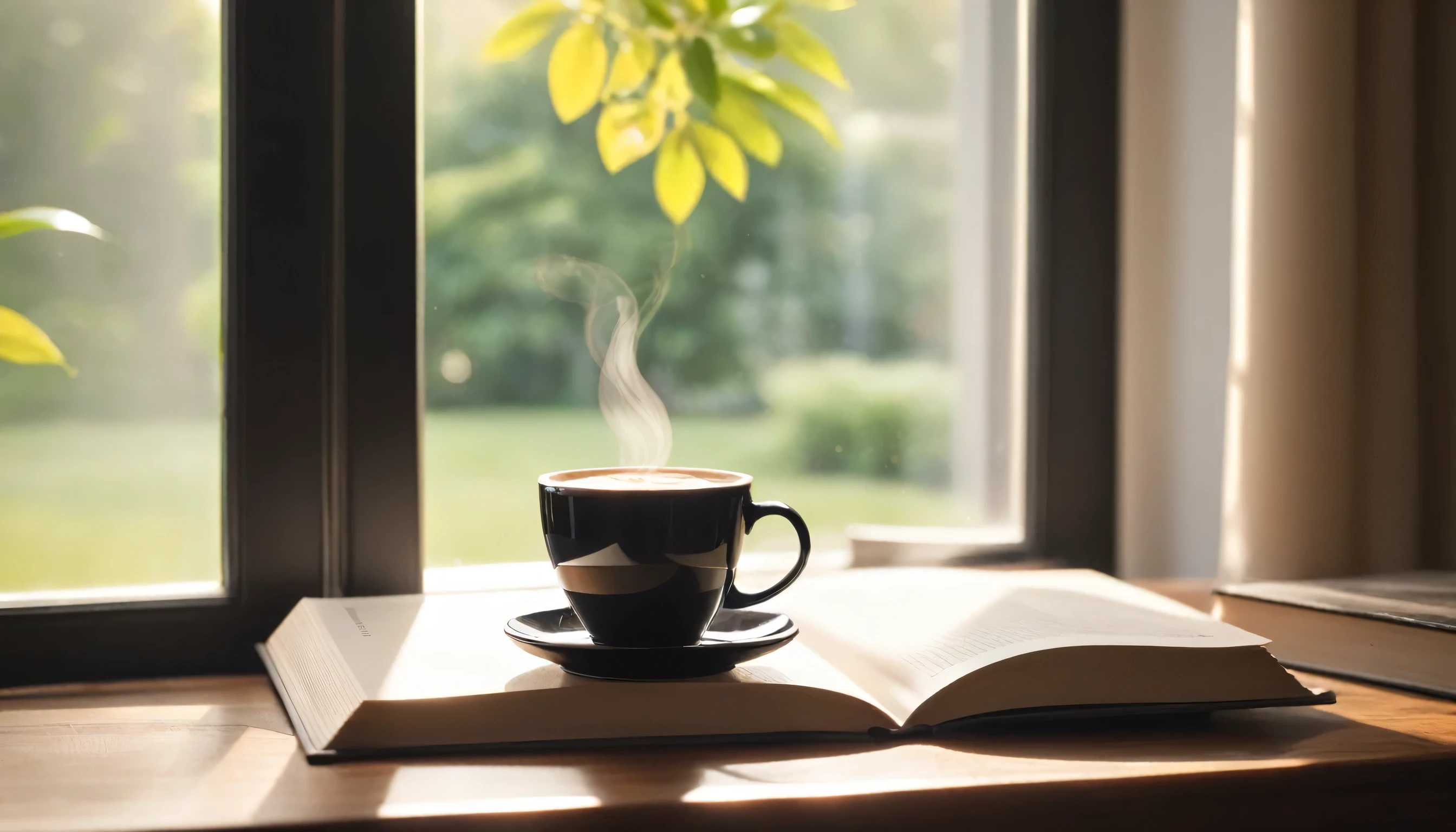 A cozy morning scene with a steaming cup of coffee on a wooden table by a window. Soft sunlight filters through the curtains, illuminating a small stack of books, a potted plant, and a pair of glasses. The background features a peaceful, blurry view of a garden or park, enhancing the tranquil and inviting atmosphere.