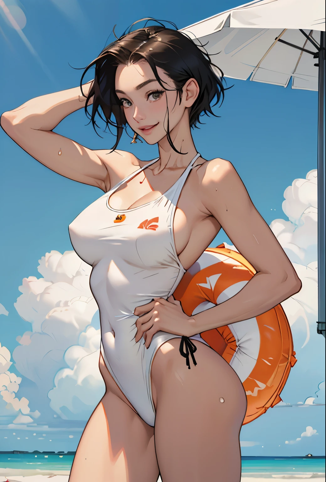 Realistic、Face reality、With a girl、Swimwear、Sexy smile、My breasts have gotten a little bigger、Sexy pose、From the front it looks like a one-piece, but from the back it looks like a mono bikini、