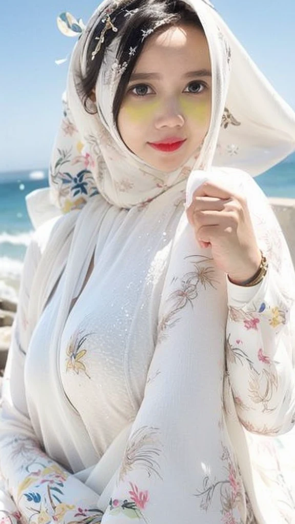 (best quality:1.1) ,(photorealistic:1.1), (photography:1.1), (highly detailed:1.1), looking at viewer,armlet, Jade bracelet, eyelashes, happy, medium breasts,beautiful detailed girl, (extremely detailed eyes and face), (lighting on face),necklace,Colorful clothes, [chinese clothes],[off shoulder], (solo:1.2), sandbeach,sand,Standing by the seaside, summer, (beautiful detailed sky),seethru, nipple showing