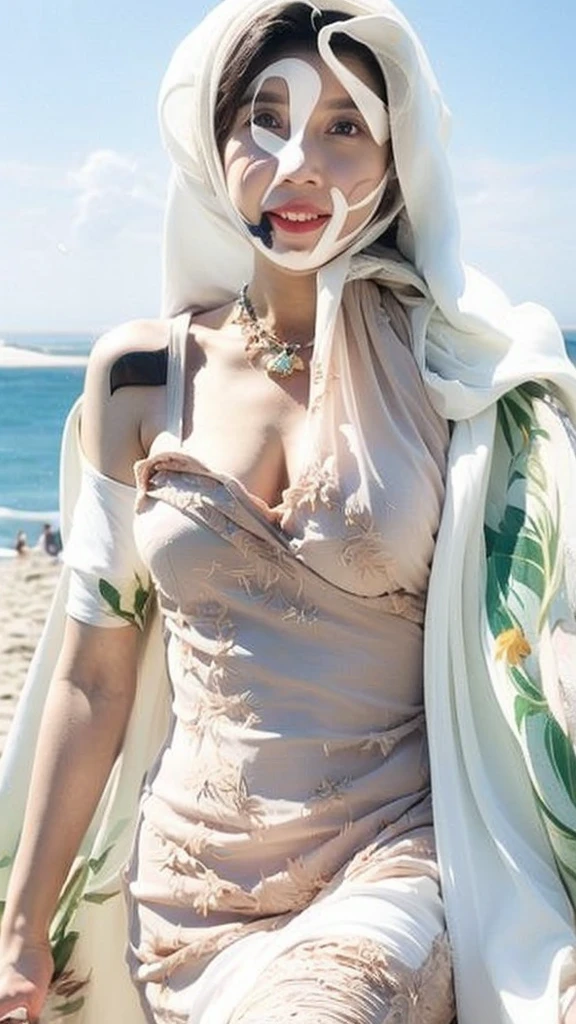 (best quality:1.1) ,(photorealistic:1.1), (photography:1.1), (highly detailed:1.1), looking at viewer,armlet, Jade bracelet, eyelashes, happy, medium breasts,beautiful detailed girl, (extremely detailed eyes and face), (lighting on face),necklace,Colorful clothes, [chinese clothes],[off shoulder], (solo:1.2), sandbeach,sand,Standing by the seaside, summer, (beautiful detailed sky),seethru, nipple showing