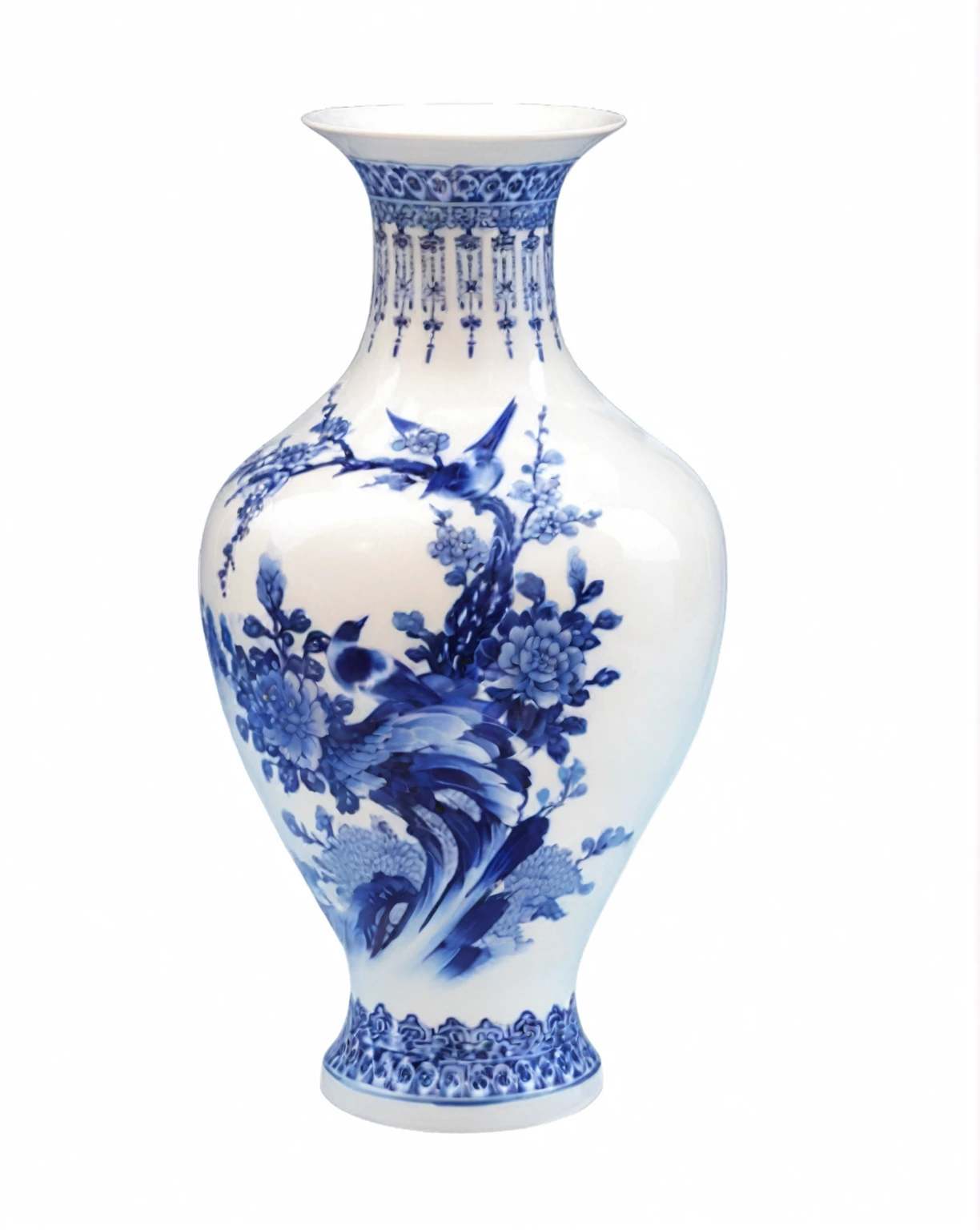 a close up of a vase with a bird on it, style of chinese vase, chinese Blue and White porcelain, vase, japanese vase, white vase, Chinese style pattern, Full view, Real porcelain texture effect, glazed ceramic, Chinese Arts, Blue and White, Inspired by Masamitsu Ōta, delft pottery, Chinese Arts风格