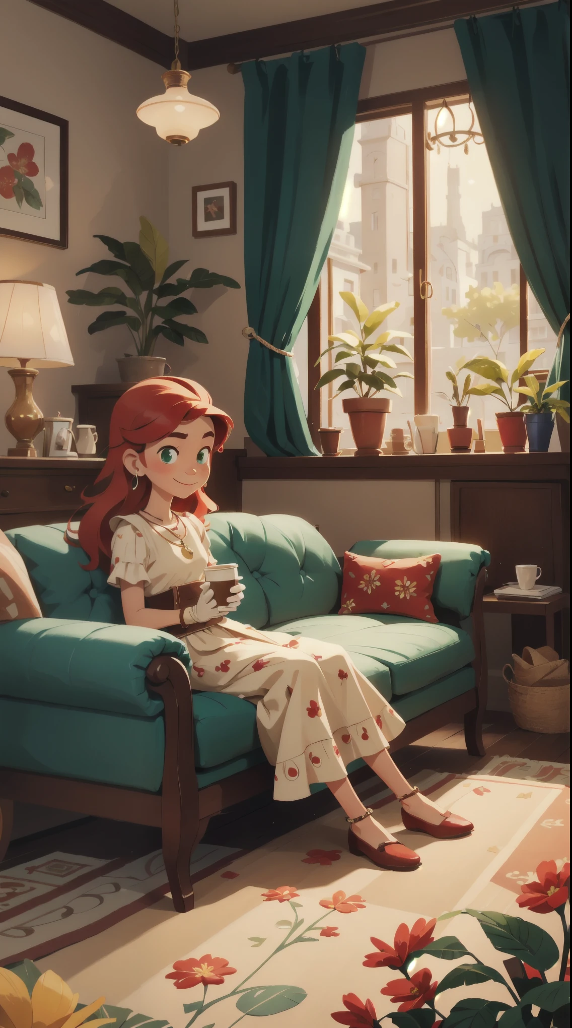 Concept Art,character illustration of a,European and American cartoons,(whole body:1.5),Mid-Long View,carpet,(Looking at the camera),shoe,一个20岁的金发女生happy的sit在living room,Holding a cup of coffee,happy,A laid-back expression,Relax,Leisure,European and American cartoons,1 Girl,freckle,Solitary,Jewelry,Green Eyes,Weaving,earrings,twin Weavings,necklace,Looking at the audience,Red hair,plant,Puff sleeves,bracelet,Smile,Long hair,puffy short sleeve,Necklace,dress,flower,Coffee cup,Gloves,earrings,Jewelry,肘部Gloves,cup,sit,sofa,window,sofa,living room,solo,Looking at the camera,Look at the audience,
