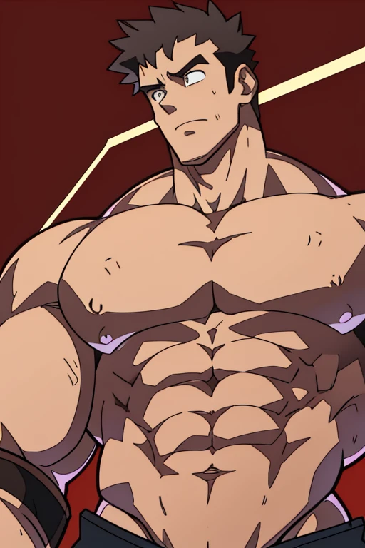 Dissemination,Thick arms,Sleeveless vest,Nike 3-point pants,Showing shoulders and arms,Brown hair,Short straight hair,黑Brown skin,Head to knee body pictures,Chest muscle expansion,Brown skin,Farther distance,(muscular),(Bright red background),sideways,Sharp eyes,(Bottom-up view),shoulder width,Muscles protrude a lot,Highest image quality,Look at it from a low angle ,Chest muscle expansion,((Muscle bulge)),muscular and bulky, muscular characters, Great and cool, tall and muscular, muscular!!, Very strong, muscular, men, Huge muscles, Big Muscle, Muscle Man, Anime handsome man, muscular!, Huge muscles, muscular bodies,Close-up photos , Crotch protrusion, bonito rosto young, Huge pectoral muscles,Huge body, High-intensity training keeps your body fit, muscular, 8 Pack Abs,Thick Legs,The character is a burly man,Dynamic Action,The overall picture highlights his well-developed shoulders and pectoralis major muscles,Light from above, Muscular,Clothes show shoulders,Clean face,Lift his head,Keep your eyes open,