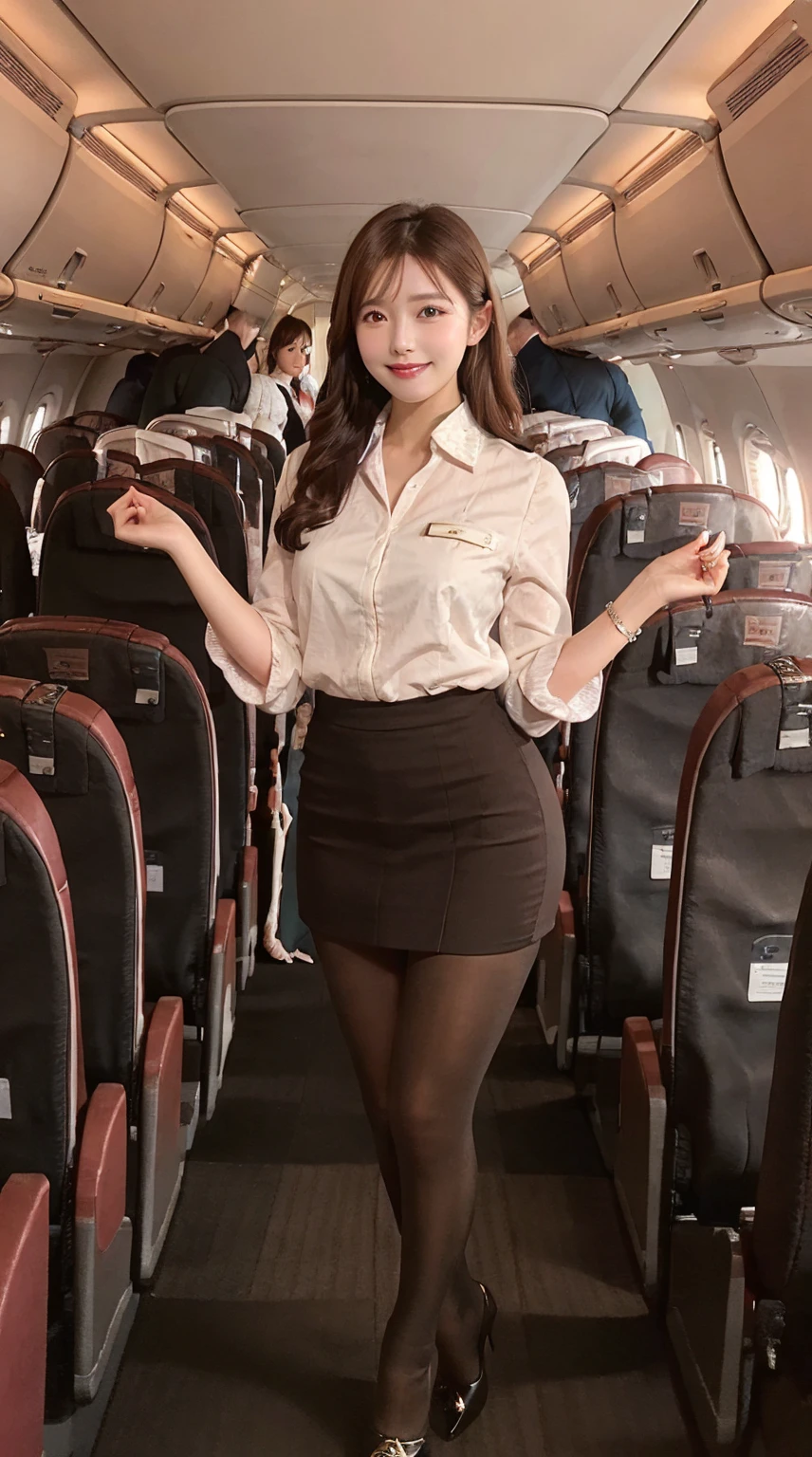 ​highest quality、8k、best image quality、Award-winning work), two beautiful women、1 women, radiant beautiful skin , masterpiece、top-quality、The ultra -The high-definition、depth of fields、lens flare 、brown hair, watching at viewers glares, large breasts , cabin crew uniform, short   skirt, (black high heels), perfect legs, model pose, view from below, smiling , flight cabin, pantyhose 
