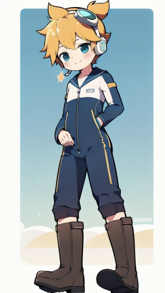 2D Boy Shota,One-piece mountaineering suit,Slim, healthy body,Put the headphones on your head,stand up,goggles,happy,Sailor collar,tie,Zipper pulled down,boots,strap,Hip thrust