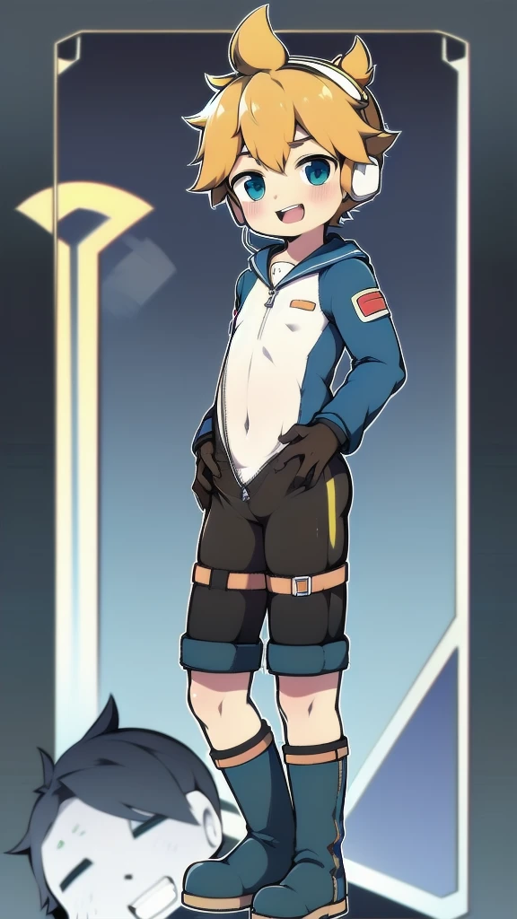 2D Boy Shota,One-piece mountaineering suit,Slim, healthy body,Put the headphones on your head,stand up,goggles,Rabbit ears,happy,Sailor collar,tie,Zipper pulled down,sports shoes