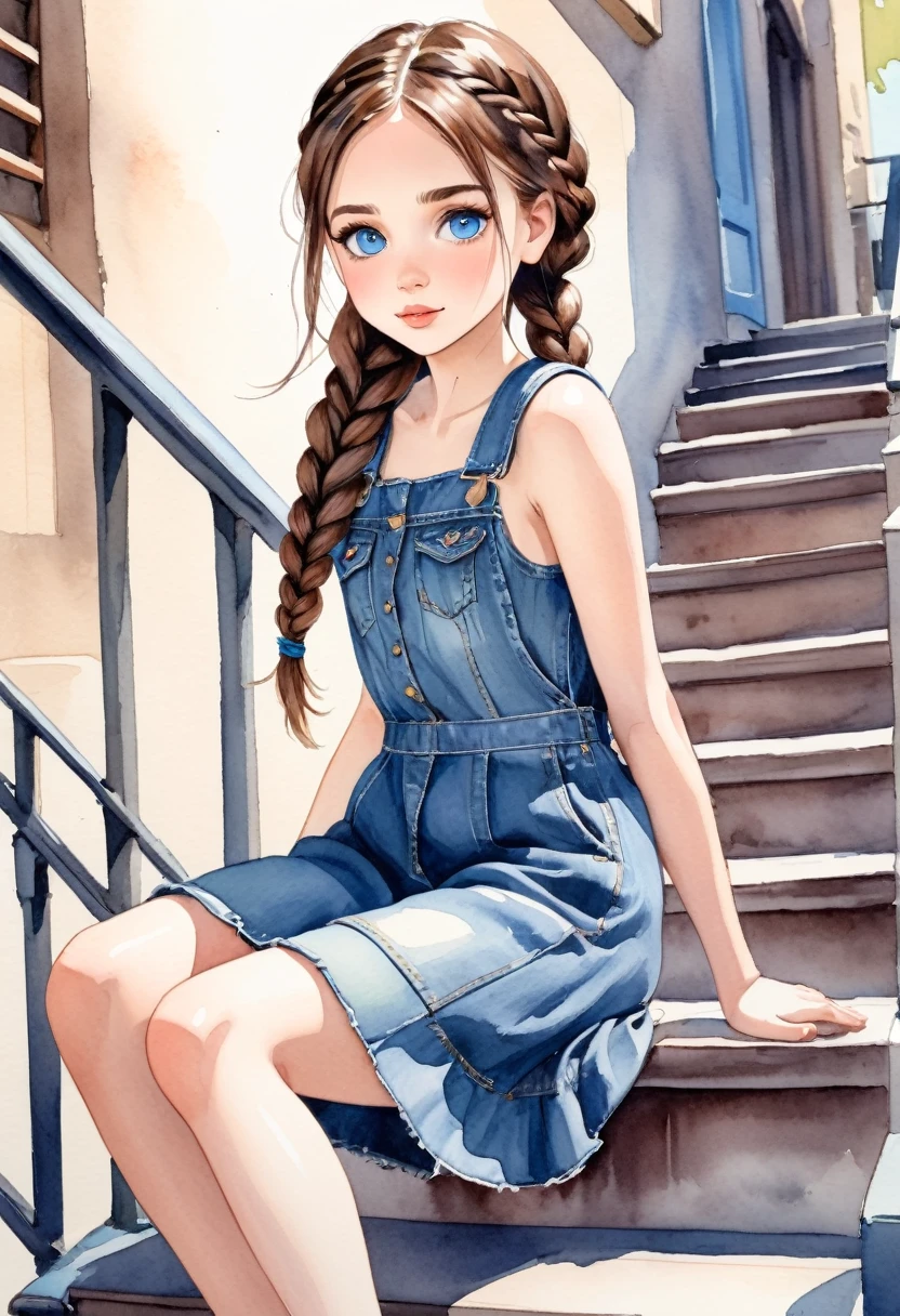 watercolor drawing, a beautiful  with brown hair and blue eyes, She wears denim dress, she wears braids in her hair, she is sitting on a stair railing,  Legs open, she seems to be having fun