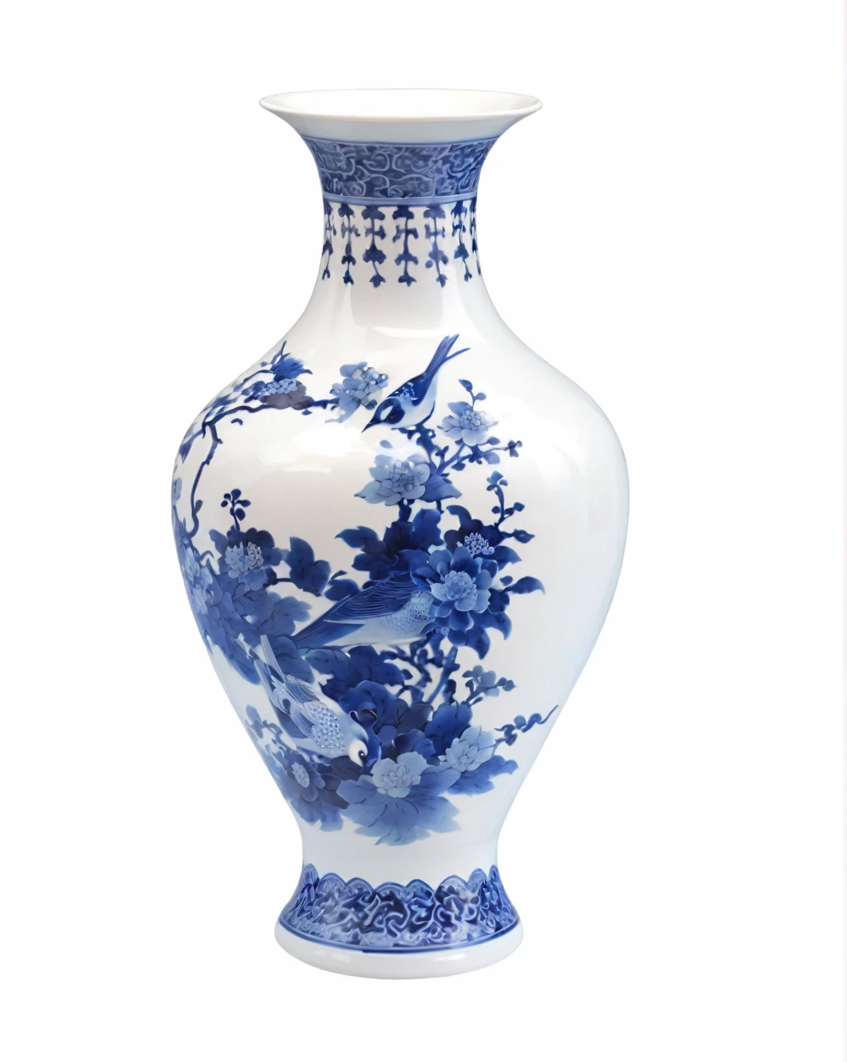 a close up of a vase with a bird on it, style of chinese vase, chinese Blue and White porcelain, vase, japanese vase, white vase, Chinese style pattern, Full view, Real porcelain texture effect, glazed ceramic, Chinese Arts, Blue and White, Inspired by Masamitsu Ōta, delft pottery, Chinese Arts风格