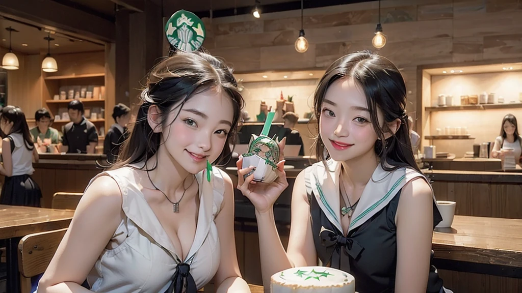 
((((((((Emphasize cleavage))))))))
((((((((A female  in a sleeveless white sailor uniform))))))))
((((((((Heavy makeup))))))))
((((I can see my belly button))))
(((((((お洒落でcuteInside the Starbucks store)))))))
8K、RAW Photos、Highest quality、Super detailed、Super Resolution、Ultra HD、8K壁紙、Amazing details



(((((((Inside the Starbucks store)))))))、
((((((Sit down and eat cake、Drink Starbucks coffee、smile))))))、((((Heart Necklace))))




Modern and sleek design：Interior design using natural materials、Many of the designs are warm and made using wood and metal.。
Large windows：自然光をたっぷり取り入れるためのLarge windowsがあり、Providing a bright and open space。
Green Interior：Potted plants are effectively placed、It creates a relaxing atmosphere。
artwork：Works by local artists、Starbucks-related art on display。
Cozy seating：Cushioned chairs and sofas、Bar sheet etc.、A variety of seating options available。
Open kitchen area：Being able to see how drinks and food are made、We provide peace of mind and transparency。
Unique lighting：Antique lamps and chandeliers、Modern lighting fixtures are used。
Comfortable background music：Relaxing music is playing、A comfortable space is provided。
Wide々Table space：一人でもグループでも使いやすいWide々There is a table with。
Community Table：There is a large table where you can socialize with other customers.。
Seasonal decorations：The decorations are themed according to the season.。
Design with a local feel：The design incorporates the local culture and characteristics.。
Fragrance production：コーヒーの香りが店内にWideがり、A space that satisfies the five senses has been created.。
Conversation with a barista：フレンドリーなConversation with a baristaが楽しめるカウンターエリアがあります。




8K、RAW Photos、Highest quality、masterpiece:1.2、Super detailed、Super Resolution、Ultra HD、8K壁紙、Amazing details、Photorealistic:1.4、Having fun by the water、Full Body Shot、Full body photo、High-resolution RAW color photos、Professional photos、A scene full of emotion、Very detailed and beautiful、Ultra HD、8K壁紙、Amazing details、Huge file sizes、Highly detailed beautiful girls、Highly detailed face Highly detailed eyes、Extremely realistic skin、 Highly detailed fingers, Highly detailed nose, Highly detailed mouth, Perfect Anatomy, Highly detailed background, Highly detailed clothing, Teen, cute女の子, Famous Japanese Idols, cute, Realistic body, Slender, White skin, Glowing Skin, Slim body, Realistic Face, Delicate eyes, double eyelid, 





