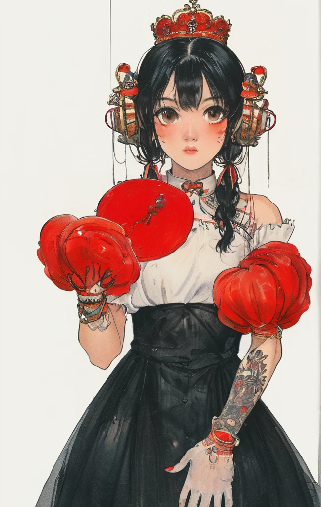Thailand masterpiece, best quality, 1girl, gloves, solo, tongue, red background, black gloves, tongue out, long hair, elbow gloves, bangs, puffy sleeves, open mouth, grey hair, short sleeves, looking at viewer, hands on own face, upper body, blunt bangs, puffy short sleeves, colored tongue, heart, black dress, dress, hands on own cheeks, red eyes, facial mark, crown, simple background, tattoo, string, teeth, halftone ใส่ชุดไทย ประเทศไทย