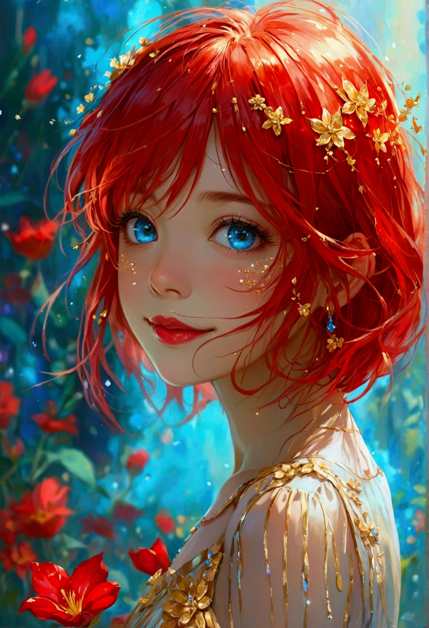 Girl, red dress, gold stripe in the middle of the dress, a shiny gold flower, red hair, blue eyes, and a red lip.smile ,,Cheerful girl,crystalline dress