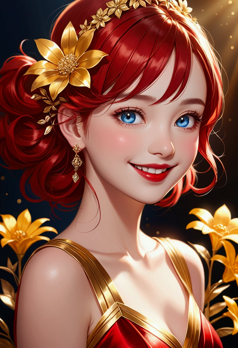 Girl, red dress, gold stripe in the middle of the dress, a shiny gold flower, red hair, blue eyes, and a red lip.smile ,,Cheerful girl,crystalline dress