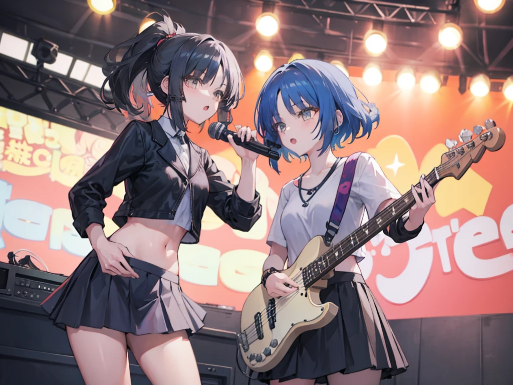 Two Girls,Guitar and vocals,Black Mini Skirt,short cut and ponytail,belly button(Glimpse),Music Stage