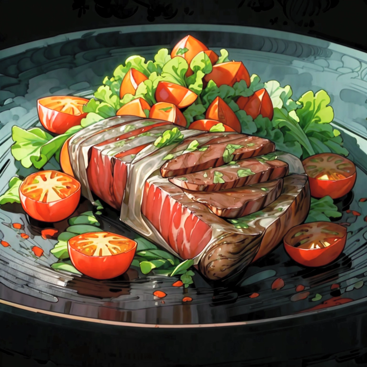 there is a delicious tenderloin steak and baked potatoes served on a hot black plate with slices of baked tomatoes and some green lettuce vegetables, illustration, isolated with solid black background, surrounded with negative space, centered compositon, 8k, highest detailed painting, very precise painting, Isolated, clear solid black background, perspective angle of view, cartoon style, ((watercolor)),