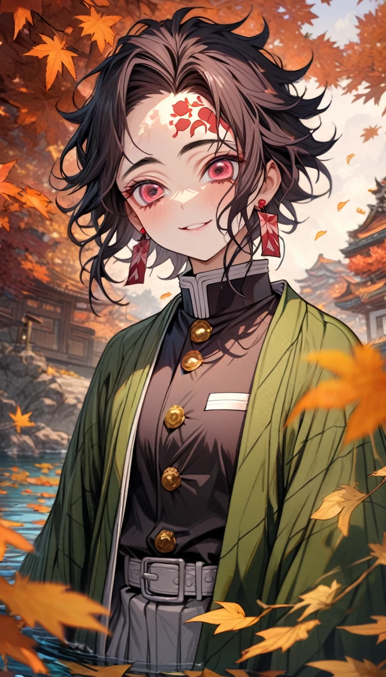 Super detailed, High resolution, Absurd, High resolution, masterpiece, tanjiro kamado, Burgundy tip、Wavy black hair, short hair, Expressive dark red eyes, Hanafuda Earrings, Kimetsu no Yaiba, water, autumn, petal, Orange and yellow leaves,  alone, good looking, Demon Slayer uniform, Green haori, Highest quality, Red spots on the forehead、smile