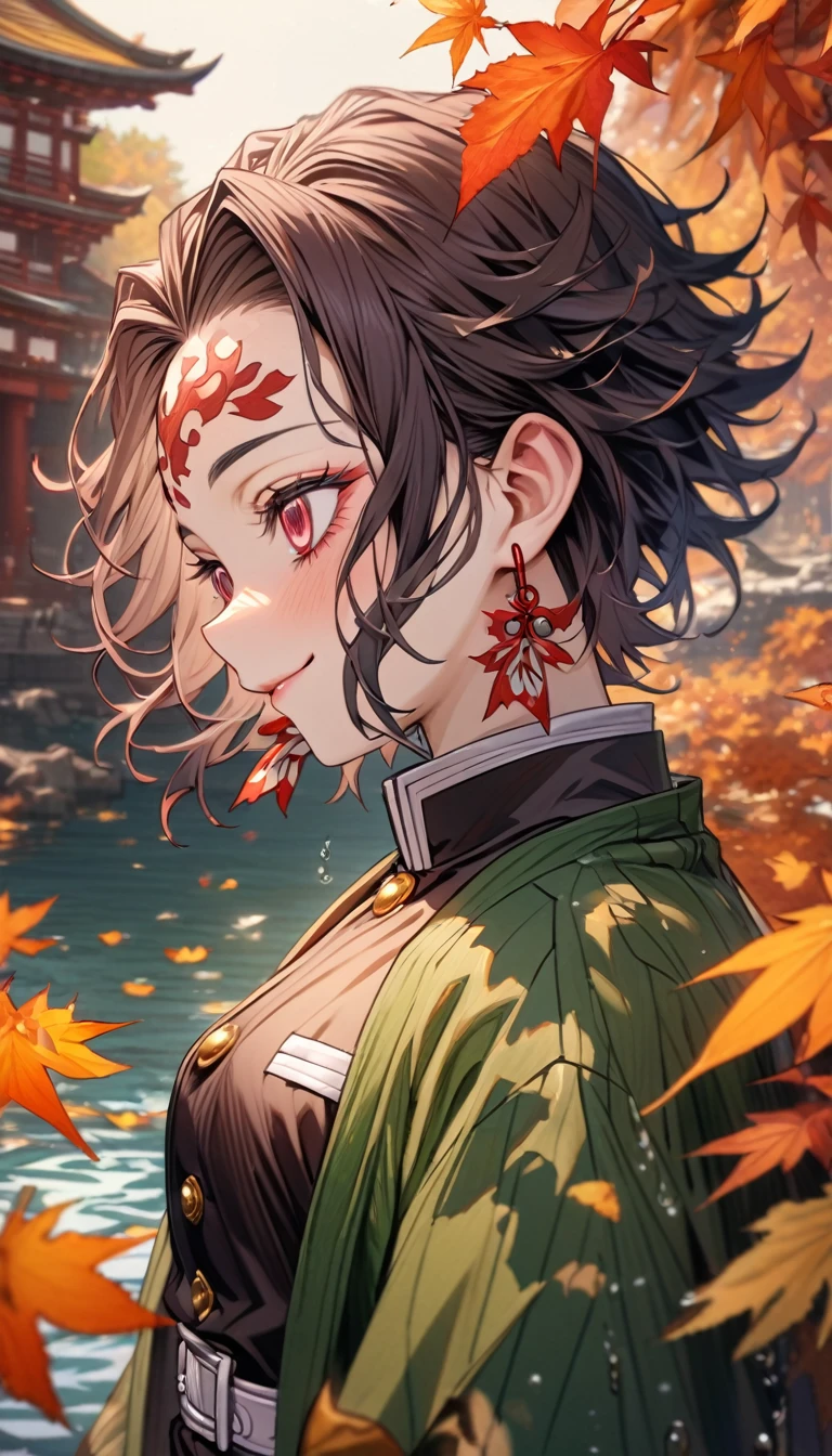 Super detailed, High resolution, Absurd, High resolution, masterpiece, tanjiro kamado, Burgundy tip、Wavy black hair, short hair, Expressive dark red eyes, Hanafuda Earrings, Kimetsu no Yaiba, water, autumn, petal, Orange and yellow leaves,  alone, good looking, Demon Slayer uniform, Green haori, Highest quality, Red spots on the forehead、smile