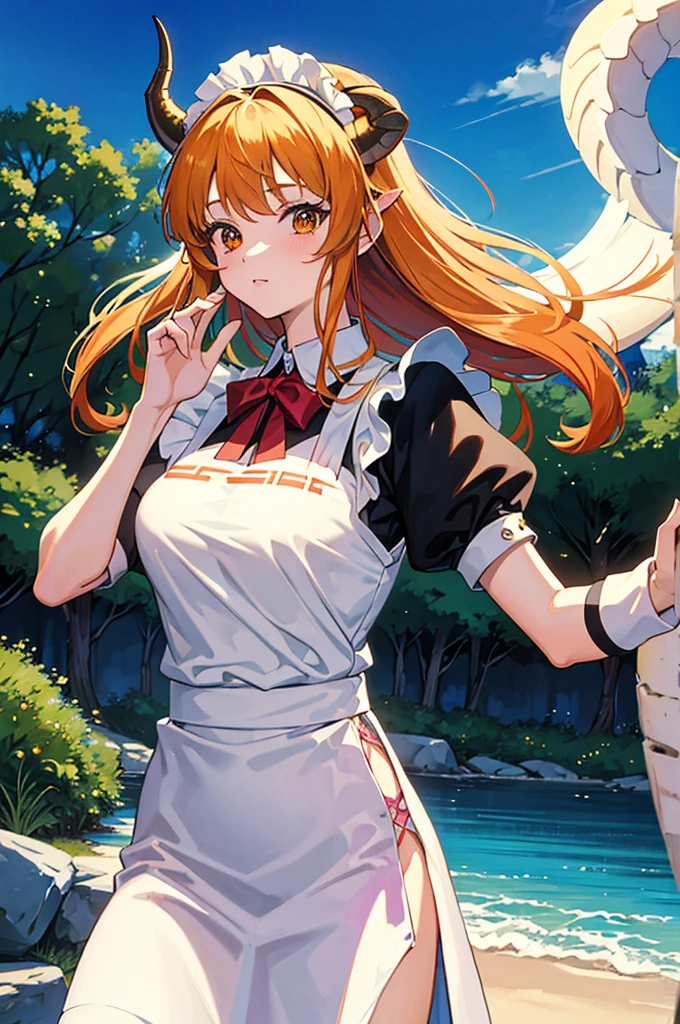 Masterpiece, Best Quality, 1 girl, 80's anime style, Tohru, maid, dragon horns,