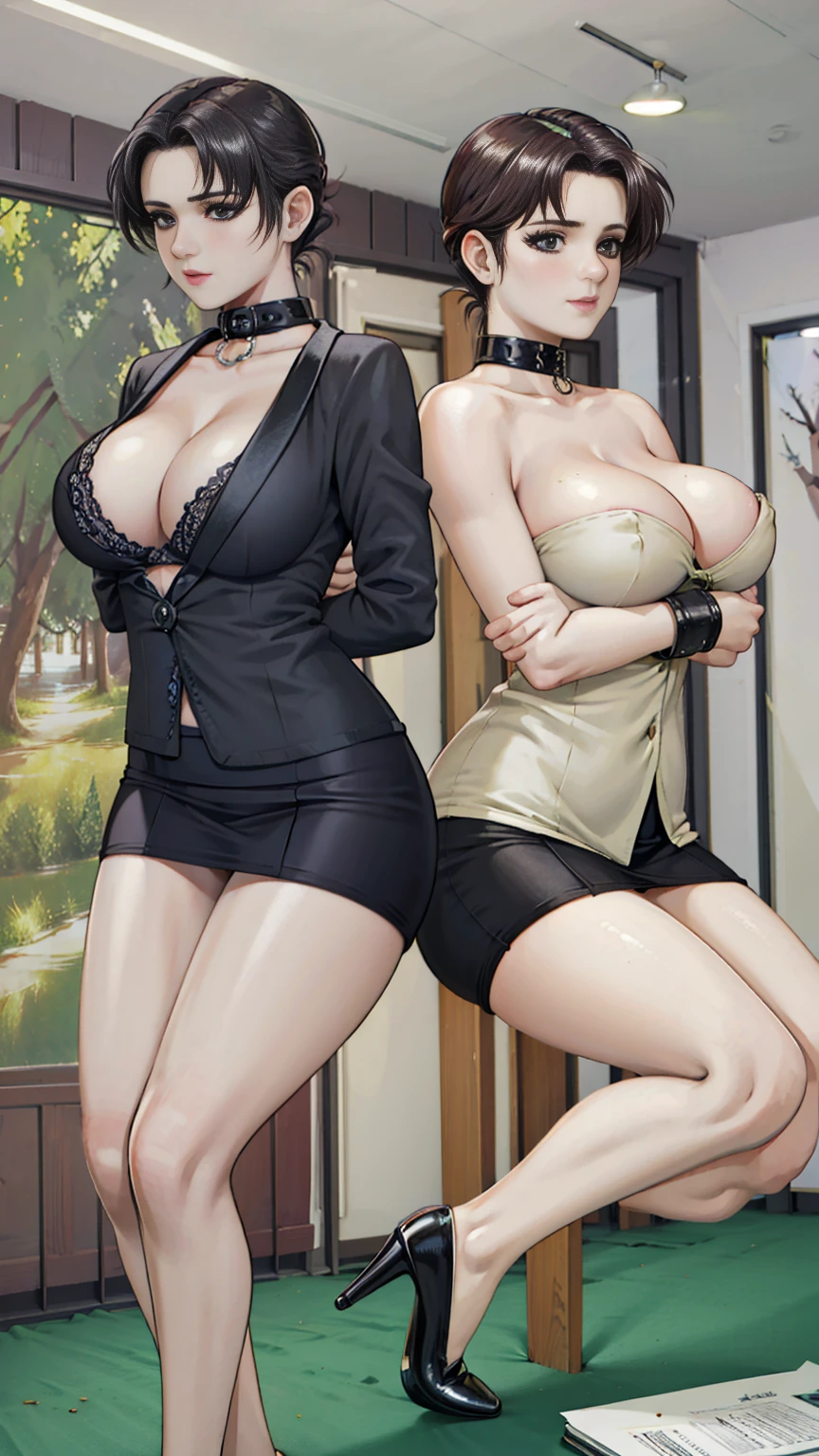 Office, desk, computer screen,( large window), city view, full body,((2 girls)),(walking ),((side by side)),((1 girl Body facing forward)),((other girl Body back facing forward)), ((Shawl long hair)),Shy smile,white business suit with wide open collar, black collar, ((huge breast:1.4)),((Half the areola is exposed at the neckline)),The front neckline is wide open,arms turned back behind her back, hands behind her back in an anti-prayer posture, Wrists tied together by a bracelet, the middle of the wrist hung by a chain behind the neck collar, small waist, great hips, black miniskirt, garters, black stockings, black stilettos
