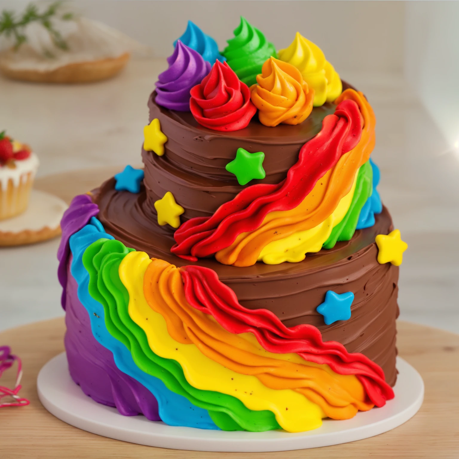 on a wooden table. there is a white plate. double tier chocolate cake ((chocolate cream texture, strokes of a pastry spatula)), rainbow cream in stitches, decorated with rainbow stars made of polymer clay, multi-colored cream on top ((cream highlights)), on the table there is a checkered tablecloth and star cornets made of polymer clay. against the background of the kitchen, vase with plant, Fruit basket, kettle, shelf with kitchen utensils. Beautiful light from the window, contour light, Multiple light sources, beautiful lighting, Bright light source, bright lighting, beautiful light sources, Multiple light sources, Realistic style , realistic texture, detailed texture, A high resolution, high quality, macro photography
